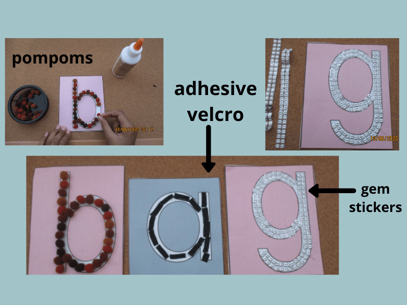 DIY sensory letters made with pompoms, glitter stickers and adhesive velcro 