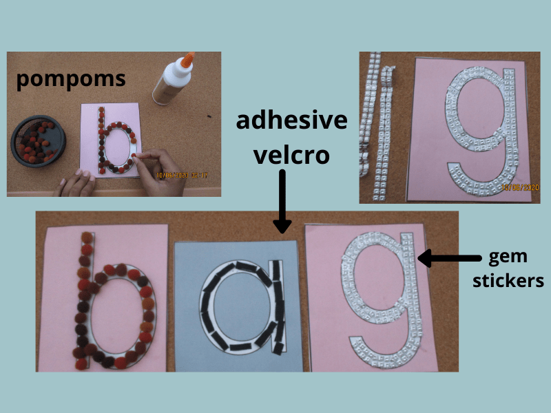 DIY sensory letter ideas DIY sensory letters made with pompoms, glitter stickers and adhesive velcro
