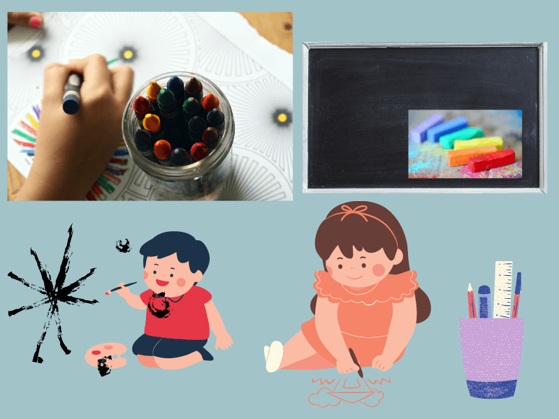 children painting and drawing with crayons, chalk and paint on paper and black board 