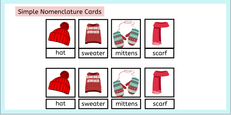 Montessori simple Normenclature cards for winter