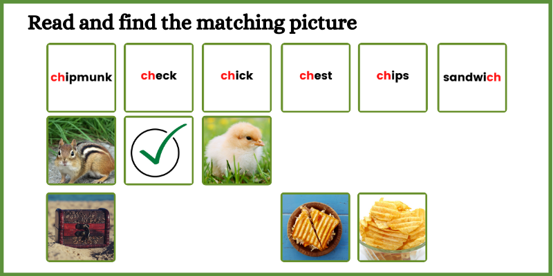reading digraph words to find out the matching picture, Montessori Green Scheme