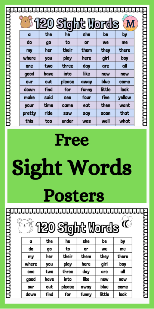 Free Sight Word Poster Colour and B&W