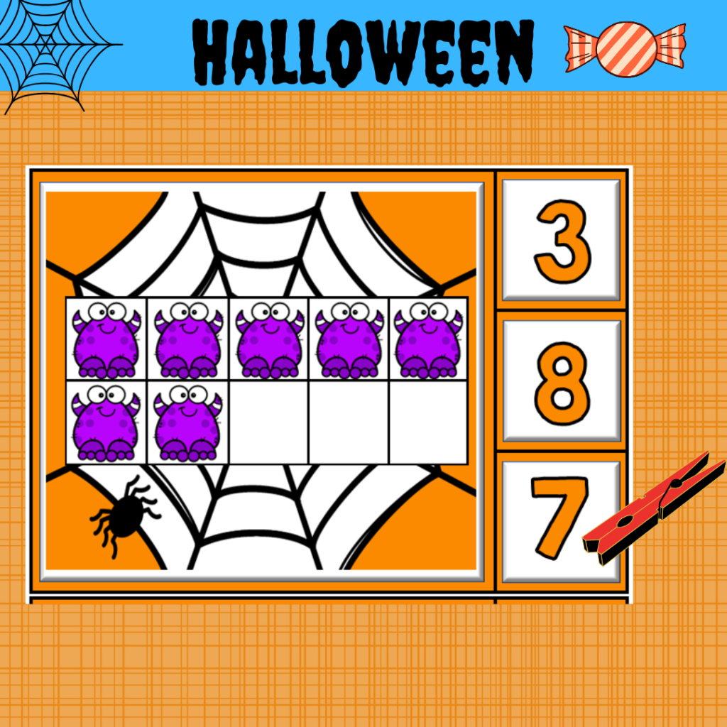 Close-up of a Halloween peg number task card – Child places a peg to match the correct quantity to the number shown.