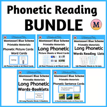 Printable Montessori Blue Scheme Activities, Long Phonetic Words, sheets, Lists, Booklets, and sentences
